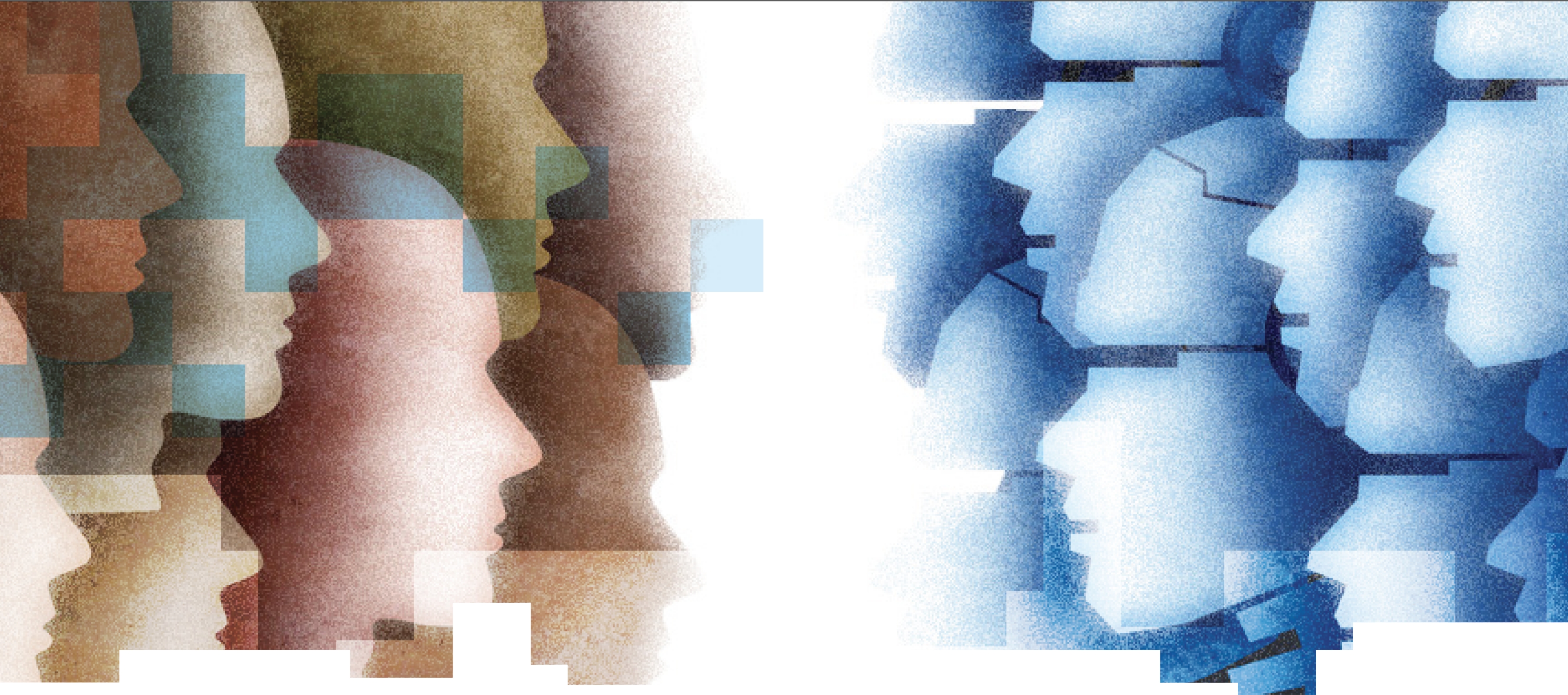 An abstract artwork with a group of red colored, side facing silhouettes on the left looking at a group much the same but blue colored on the right
